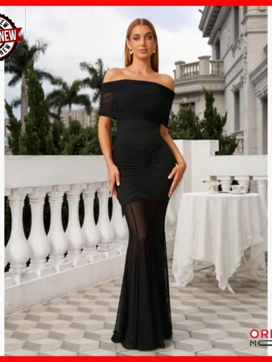 Strapless Off Shoulder Bodycon Maxi Dress Ruched Formal Party Long - Picture 3 of 5